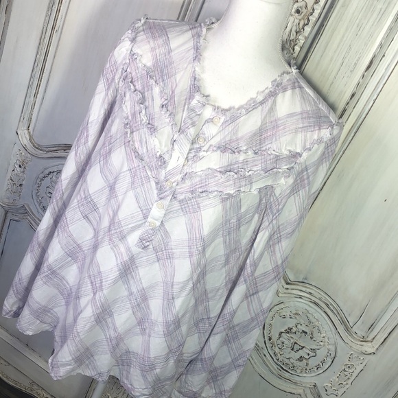 William Rast Lavender Plaid on White Soft Popover Button Down Long Sleeve Top - Picture 3 of 9
